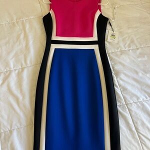 New with tags NWT Calvin Klein Color block Pink and Blue Midi Dress, size 4